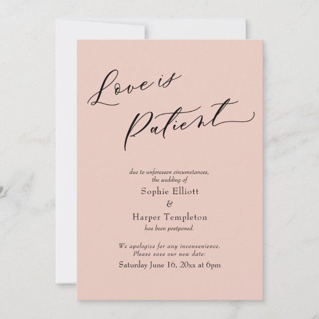 Love is Patient Blush Pink Postponed Wedding Card (Front)