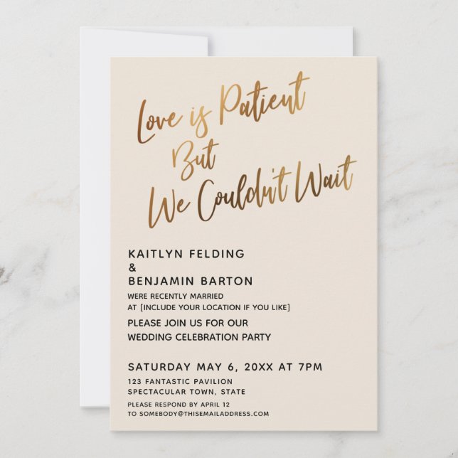 Love is Patient But We Couldn't Wait Gold Invitation (Front)