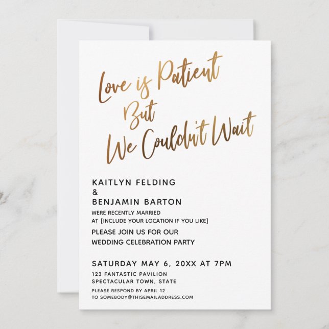 Love is Patient But We Couldn't Wait Gold  Invitation (Front)