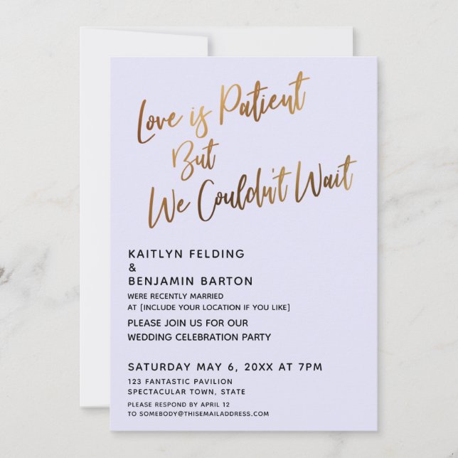 Love is Patient But We Couldn't Wait Lavender Invitation (Front)