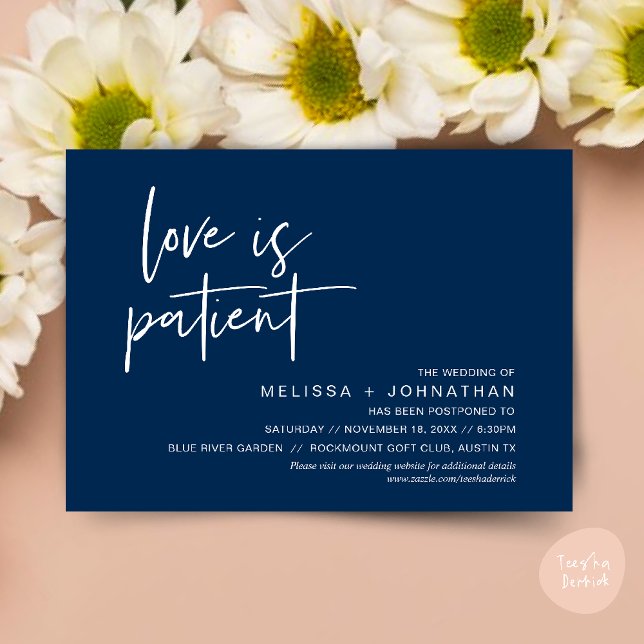 Love is patient, Change our wedding date Invitation (Minimalist, Love is patient, Romantic Wedding Change the new date card PDF in navy Blue)