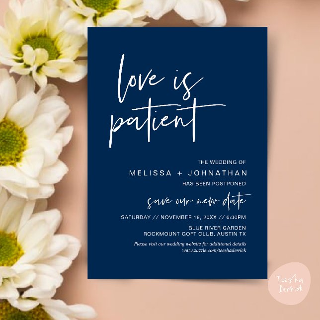 Love is patient, Change Our Wedding New Date Invitation (Minimalist, Love is patient, Romantic Wedding Change the new date card PDF in navy Blue)