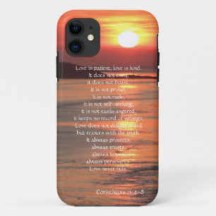 Love is Patient Corinthians verse, ocean sunrise iPhone 11 Case