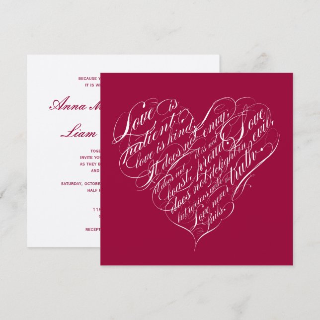 Love is patient.. crimson silver calligraphy heart invitation (Front/Back)