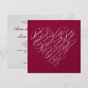 Love is patient.. crimson silver calligraphy heart invitation