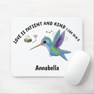 Love is patient cute bee and hummingbird scripture mouse mat