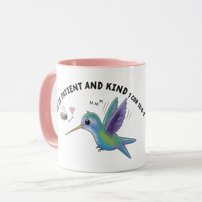 Love is patient cute bee and hummingbird scripture mug (Front Left)
