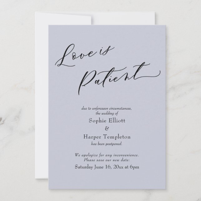 Love is Patient Dusty Blue Postponed Wedding Card (Front)
