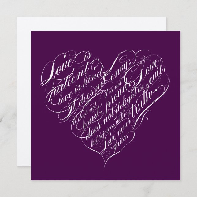 Love is patient.. eggplant & silver script heart invitation (Front/Back)