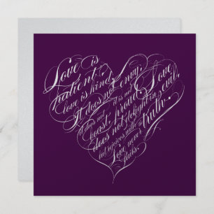 Love is patient.. eggplant & silver script heart invitation