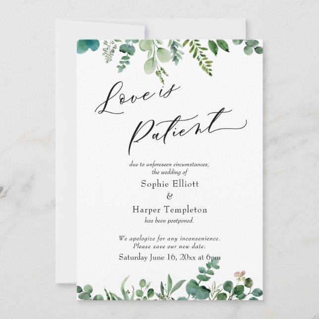 Love is Patient Eucalyptus Postponed Wedding Card (Front)