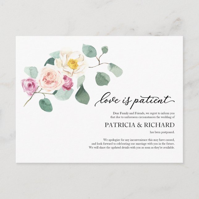 Love Is Patient Eucalyptus Wedding Postponement Po Postcard (Front)