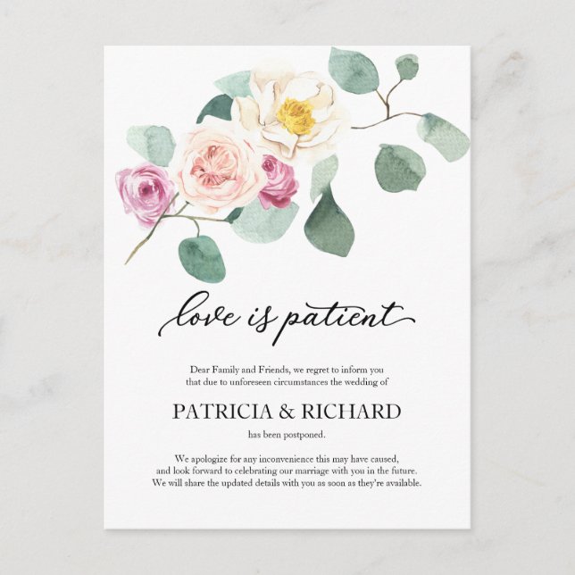 Love Is Patient Eucalyptus Wedding Postponement Postcard (Front)