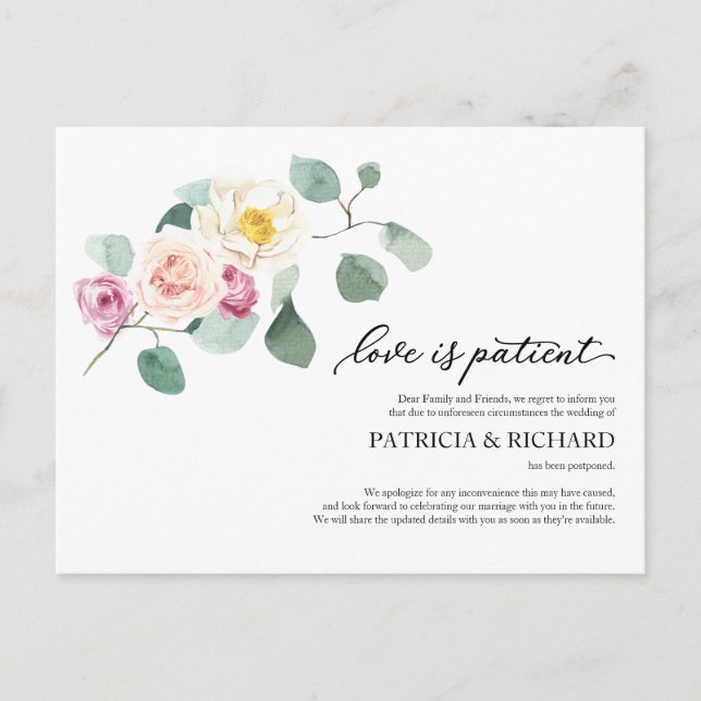 Love Is Patient Eucalyptus Wedding Postponement Postcard (Front)