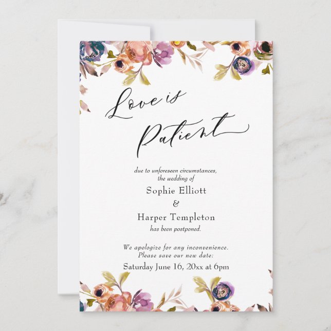 Love is Patient Floral Postponed Wedding Card (Front)