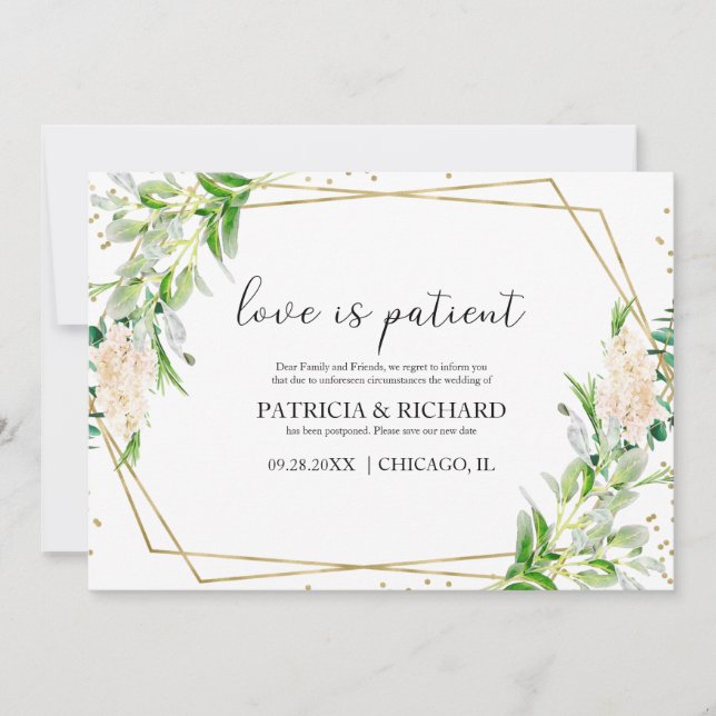 Love Is Patient Greenery Wedding New Date Invitation (Front)