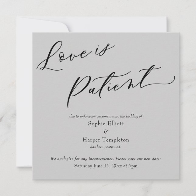 Love is Patient Grey Postponed Wedding Card (Front)