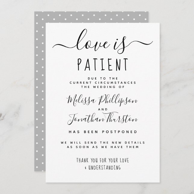 Love Is Patient Hand Lettered Wedding Postponement Invitation (Front/Back)