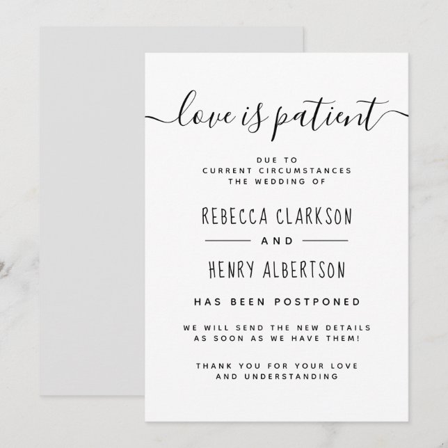 Love Is Patient Handwritten Postponed Wedding Invitation (Front/Back)