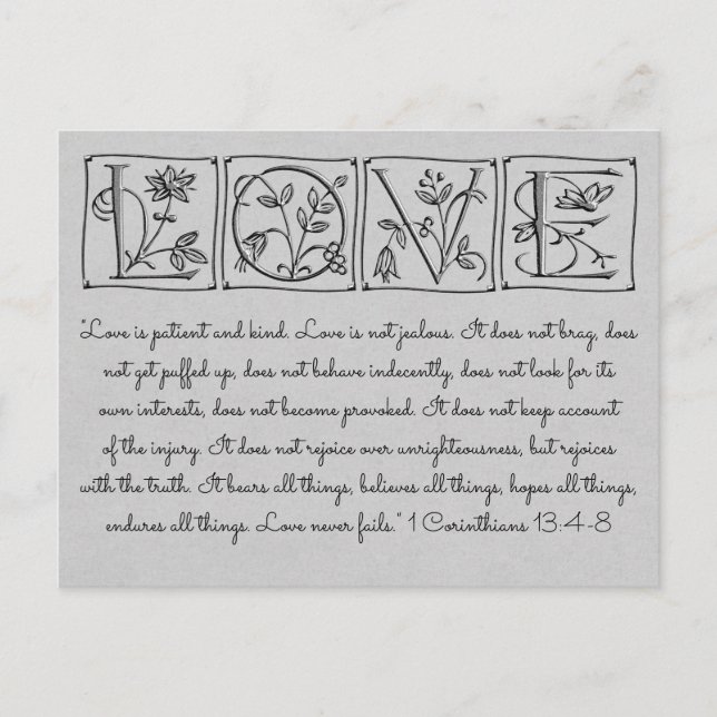 Love is Patient-Kind-Never Fails~Scripture~Wedding Announcement Postcard (Front)