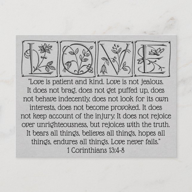 Love is Patient-Kind-Never Fails~Scripture~Wedding Postcard (Front)