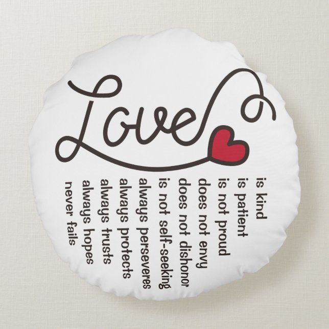Love Is Patient Kind Typography Red Heart Round Cushion (Back)
