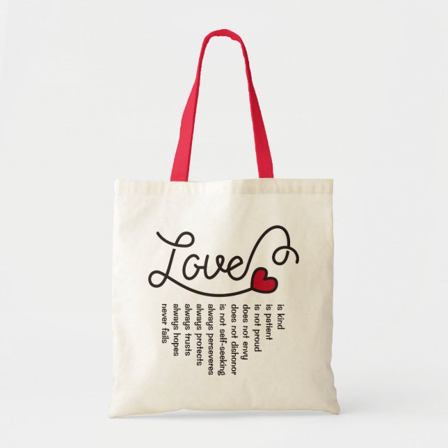Love Is Patient Kind Typography Red Heart Verse Tote Bag (Front)