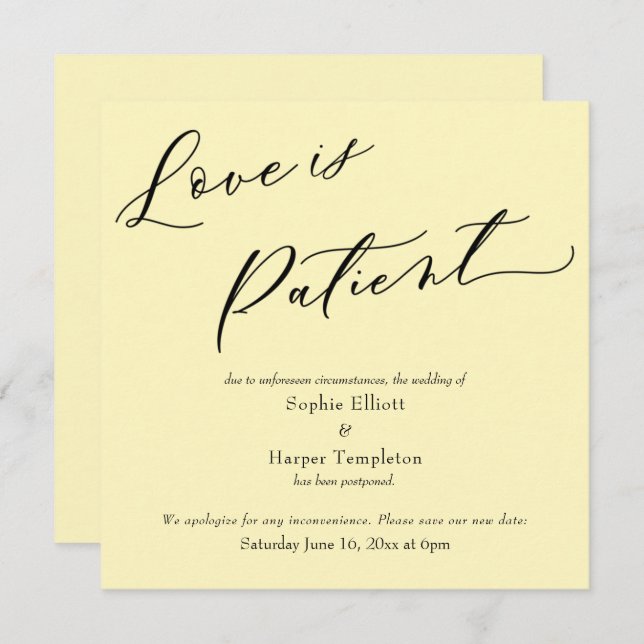 Love is Patient Pale Yellow Postponed Wedding Card (Front/Back)