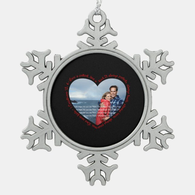 Love is Patient Photo Heart Black & Red Snowflake Pewter Christmas Ornament (Front)