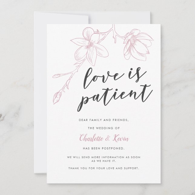 Love Is Patient Pink Floral Wedding Postponement Announcement (Front)