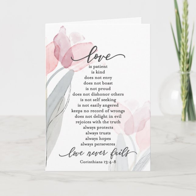 Love is Patient Pink Tulips Bible Wedding Card (Front)