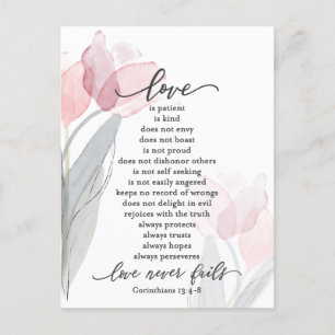 Love is Patient Pink Tulips Bible Wedding Postcard