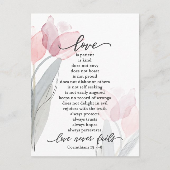 Love is Patient Pink Tulips Bible Wedding Postcard (Front)