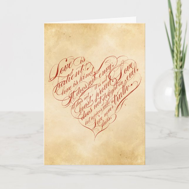 Love is Patient... Red Calligraphic Heart Card (Front)