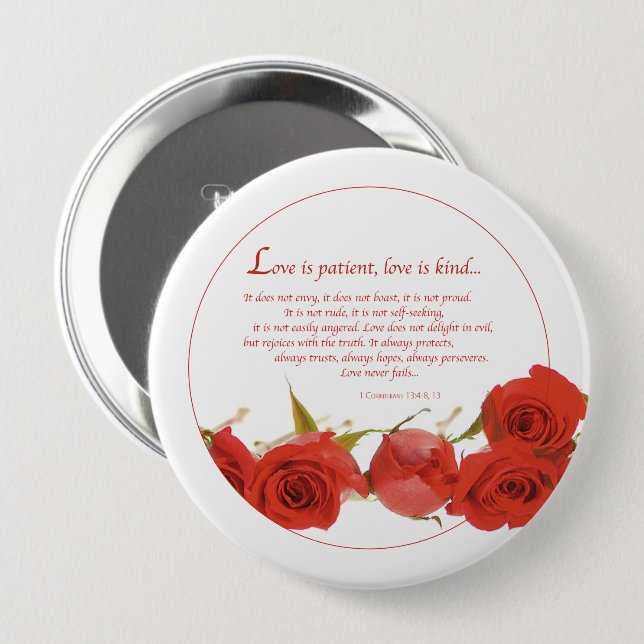 Love is Patient Red Rose 10 Cm Round Badge (Front & Back)