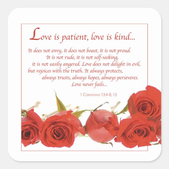Love is Patient Red Rose Square Sticker (Front)