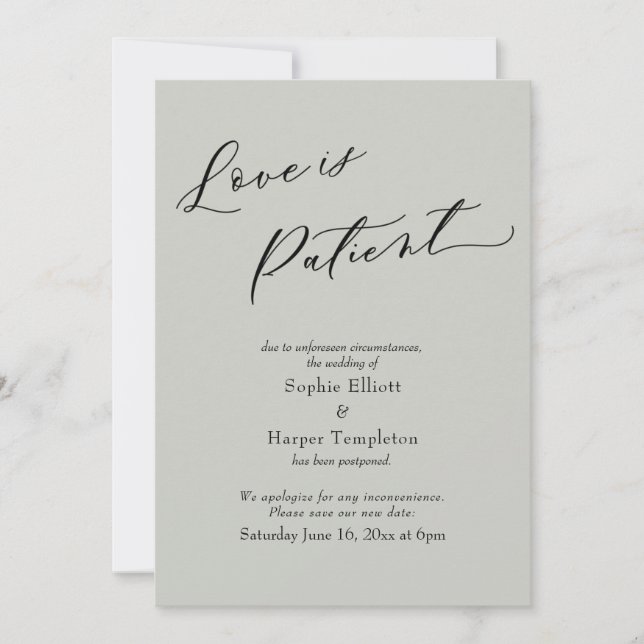 Love is Patient Sage Green Postponed Wedding Card (Front)