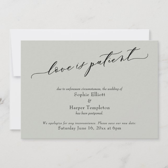 Love is Patient Sage Green Postponed Wedding Card (Front)