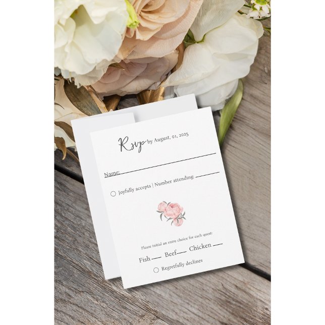 Love Is Patient – Scripture RSVP Card (Soft blush peonies and greenery add a romantic touch to this elegant watercolor RSVP card.)