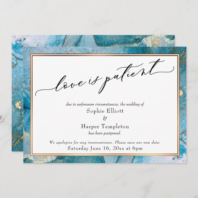 Love is Patient Teal & Gold Postponed Wedding Card (Front/Back)