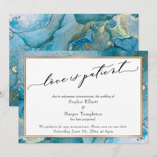Love is Patient Teal & Gold Postponed Wedding Card