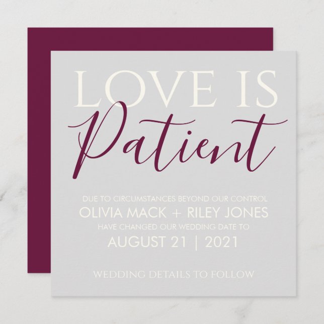 Love is Patient Wedding Postponement Announcement (Front/Back)