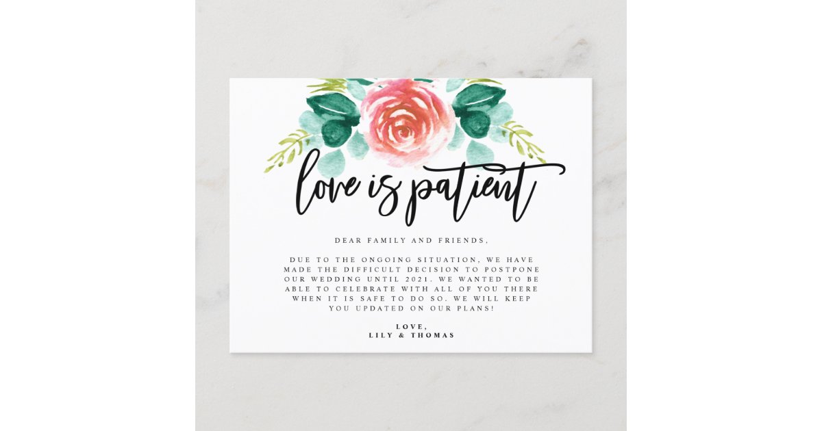 Love Is Patient Wedding Postponement Announcement Postcard