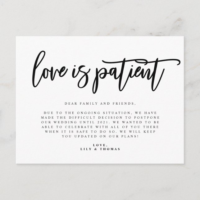 Love Is Patient Wedding Postponement Announcement Postcard (Front)
