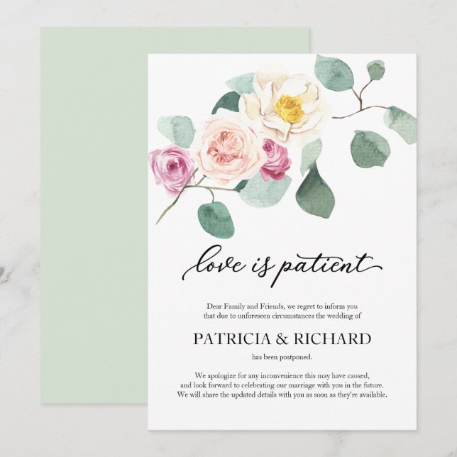 Love Is Patient Wedding Postponement Eucalyptus Invitation (Front/Back)