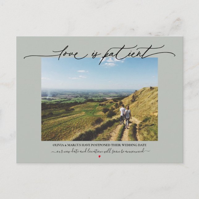 Love is Patient Wedding Postponement Sage Postcard (Front)