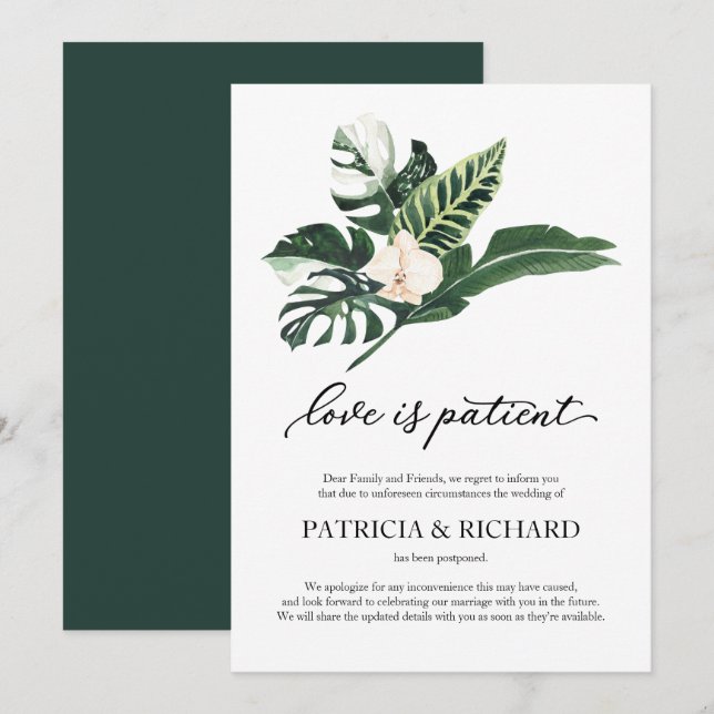 Love Is Patient Wedding Postponement Tropical Invitation (Front/Back)