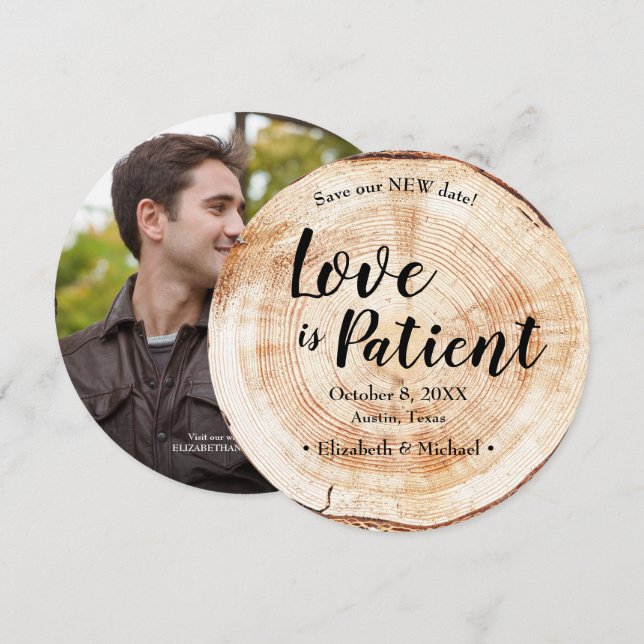 Love is patient wedding postponement Wood Photo Invitation (Front/Back)