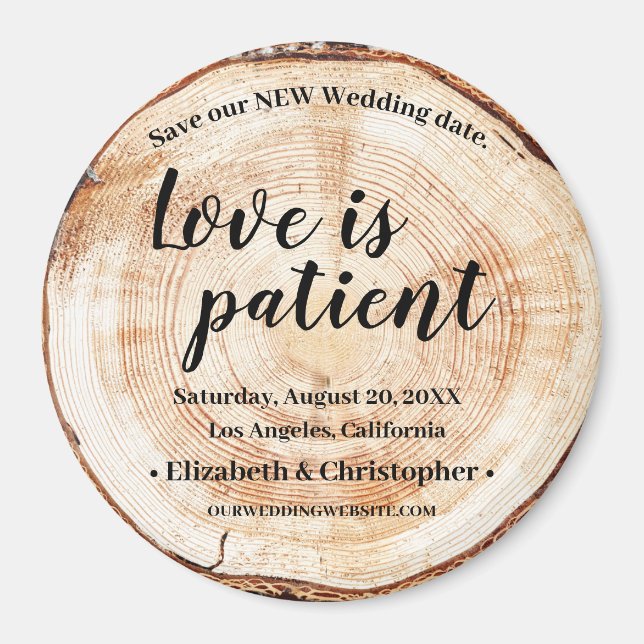 Love is patient Wood Disc Change the Date Wedding Magnet (Front)