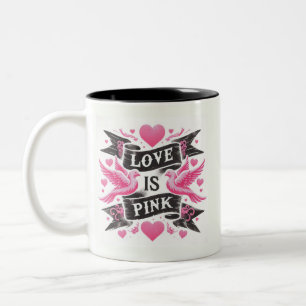 Love is pink - doves and ribbons Two-Tone coffee mug